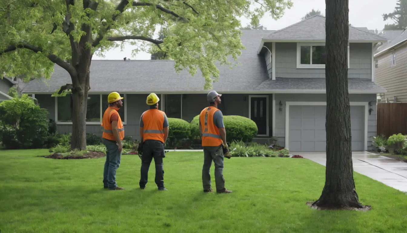 A homeowner talking with a local tree provider about a leaning tree