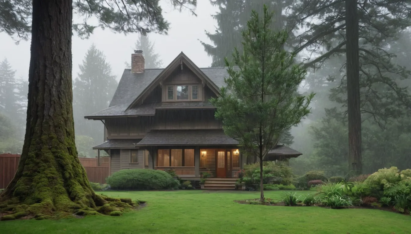 A tall tree beside a wood-frame home in Marysville on a damp, green morning